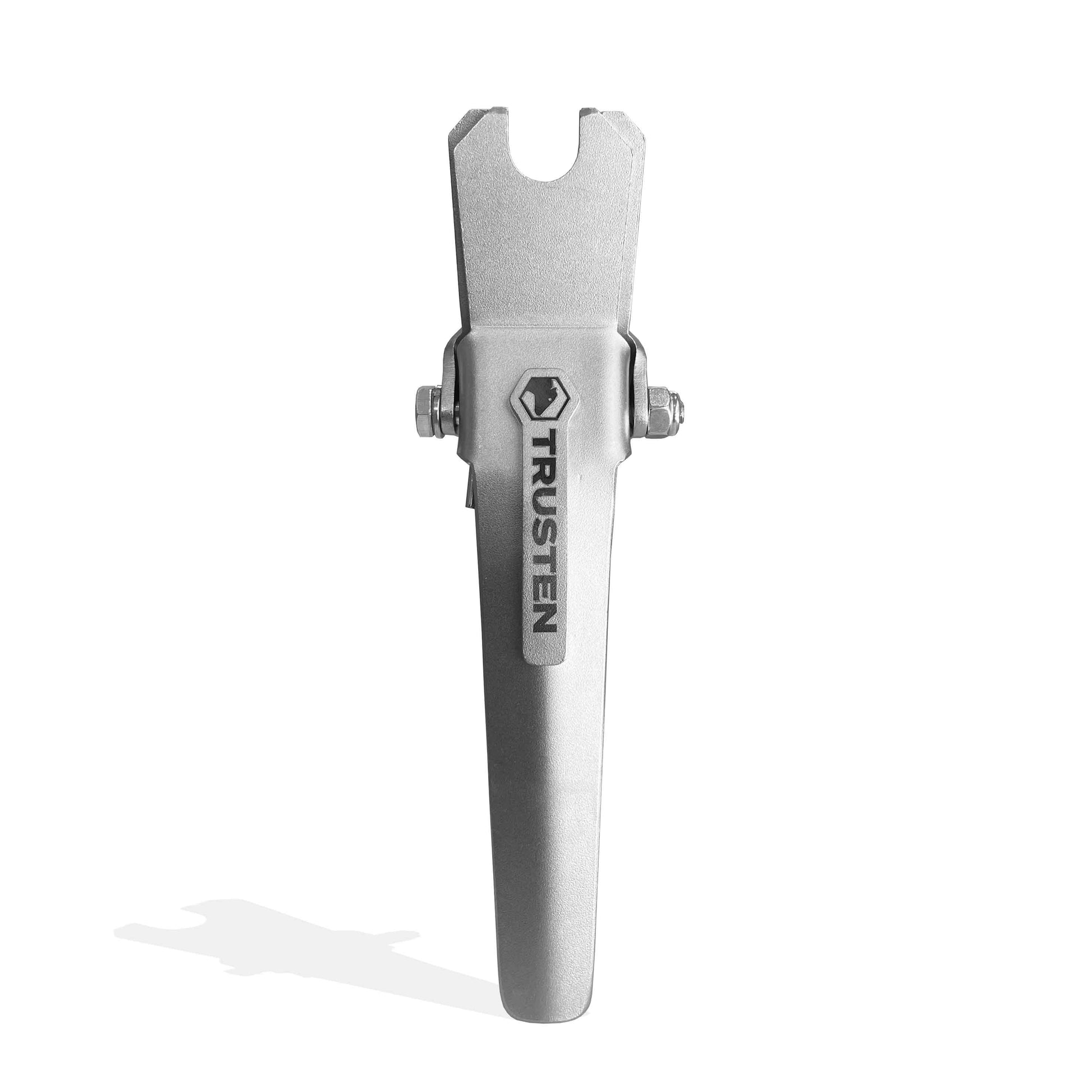 Stainless steel trusten dairy farming tool with 'Trusten' branding on a white background