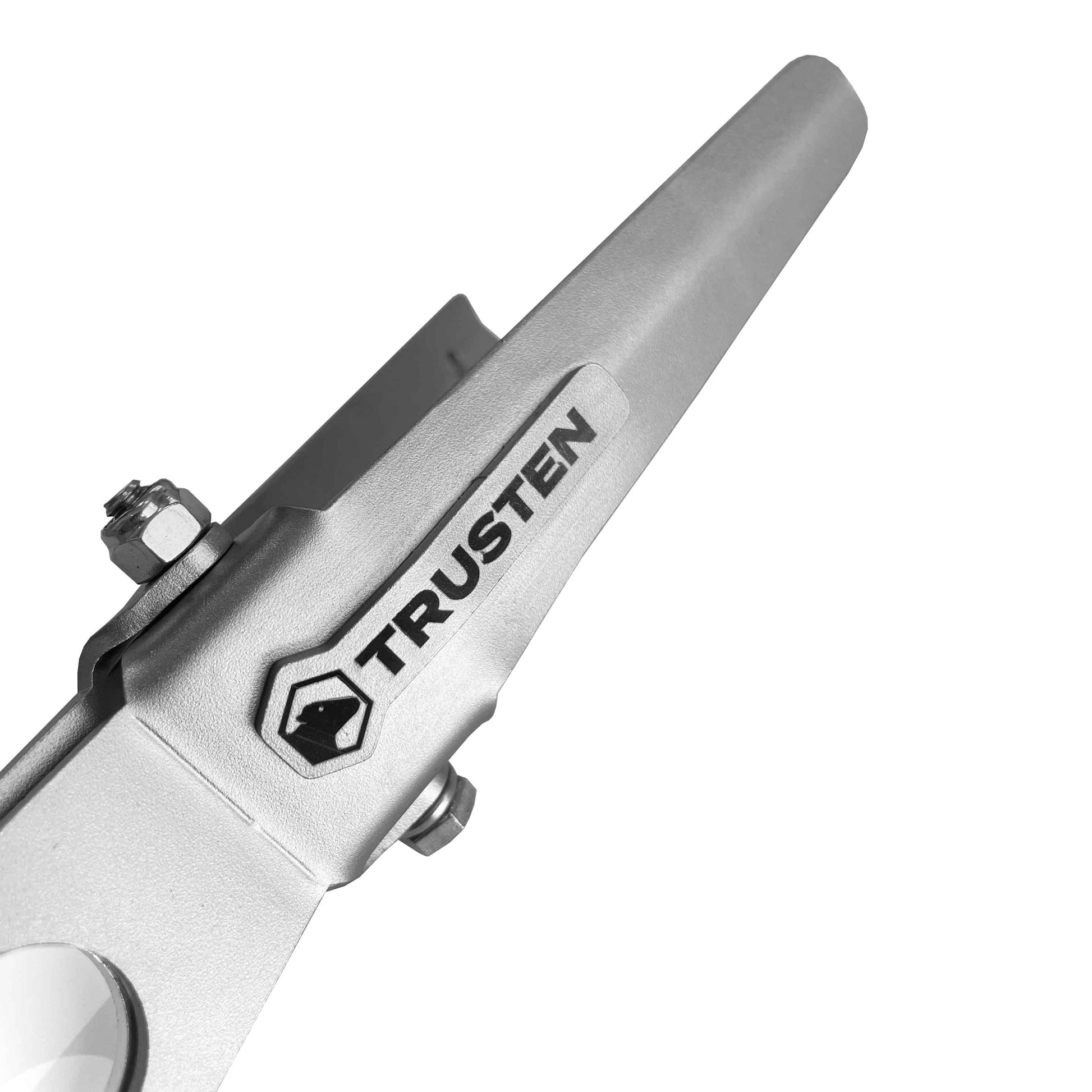 Close-up of a steel tool with 'Trusten' branding on a white background